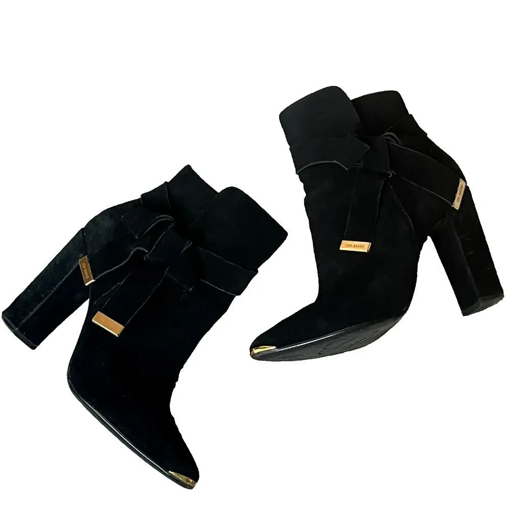 Ted‎ Baker Sailly Black Suede Bow Pointed Toe Block Heel Ankle Boots Womens US 7